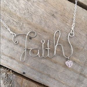 Sliver Wire Faith Necklace W/ Rose Quartz Heart